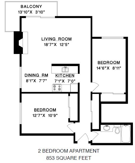 Floor plan of a 2 bed, 1 bath, comfortable suite with balcony access at Shoreview in Vancouver, BC