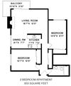 Enjoy cozy, modern apartments with views of the city Floor plan of a 2 bed, 1 bath, comfortable suite with balcony access at Shoreview in Vancouver, BC