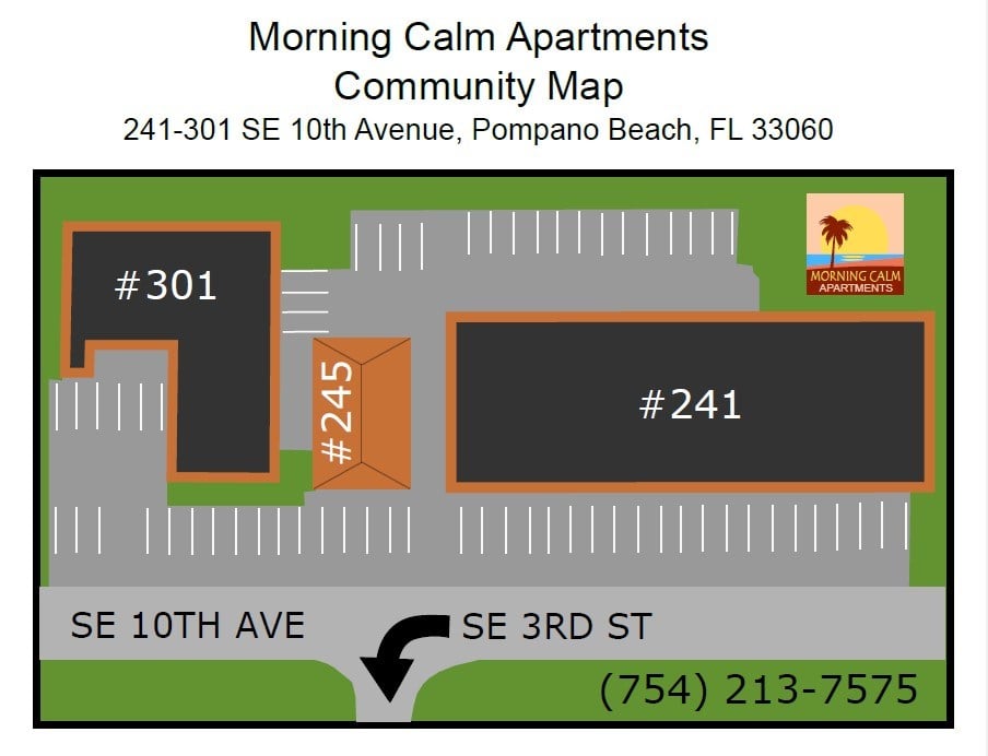 A map of the Morning Calm Apartments community.