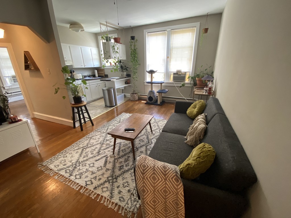 a living room with a couch and a kitchen in the background