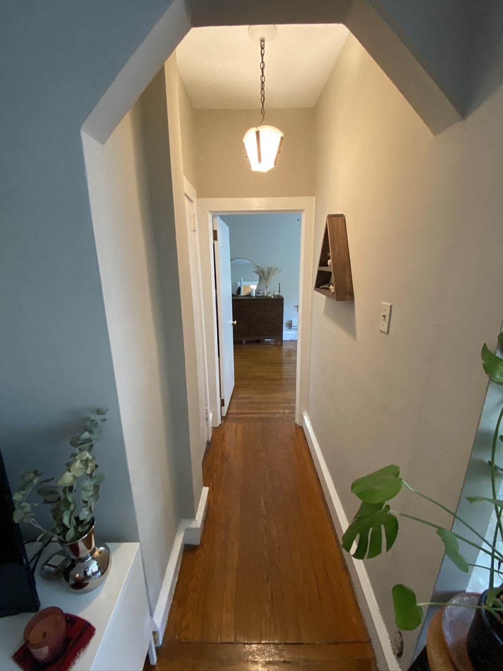a long hallway with a wood floor and a ceiling light