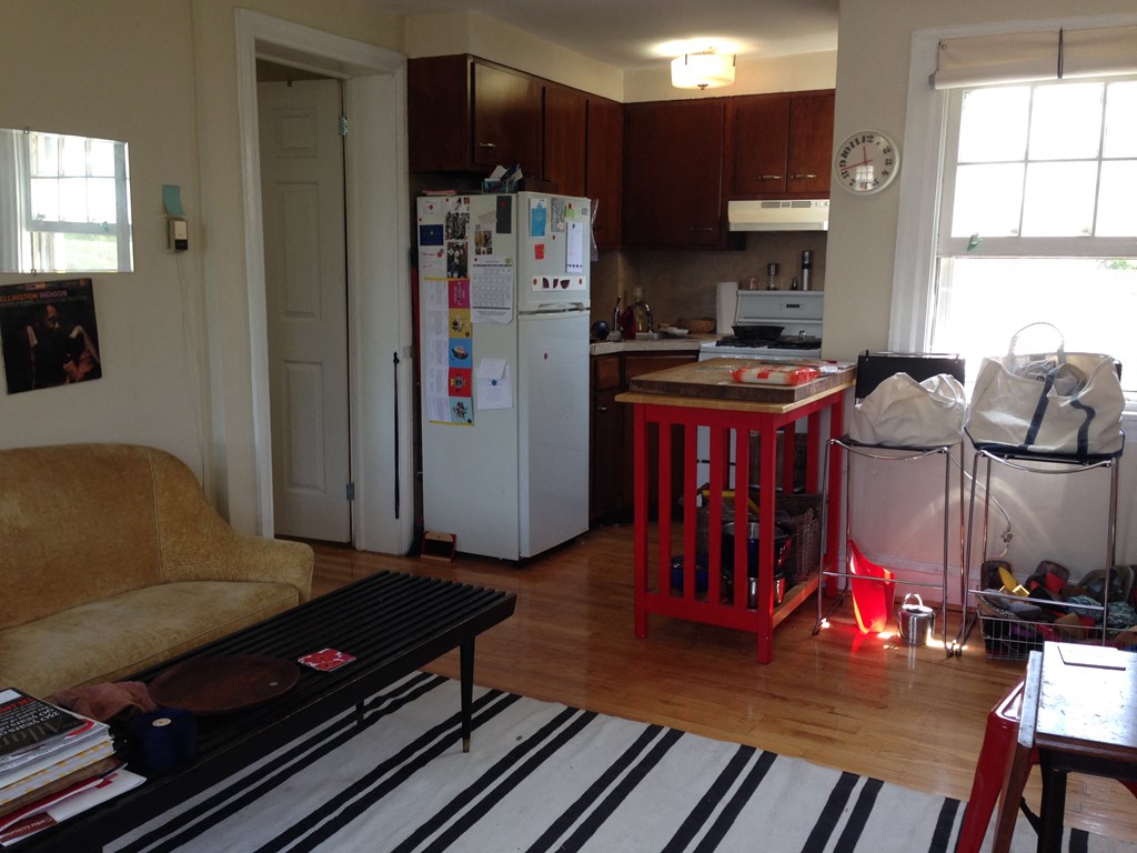 the kitchen and living room is cluttered with boxes and a rug