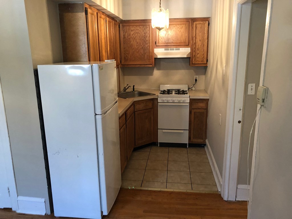 a kitchen with a refrigerator and a stove and cabinets