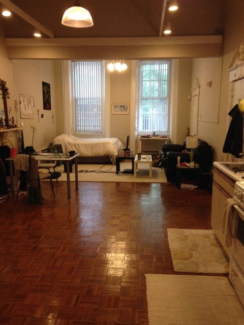 a living room with a bed and a kitchen