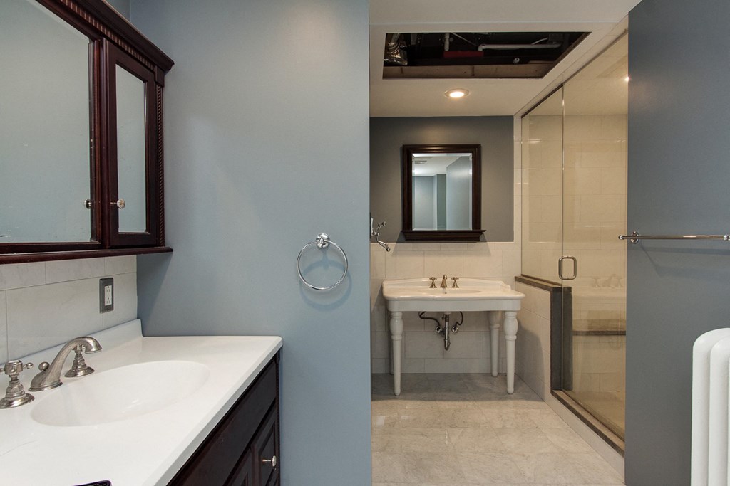a bathroom with a sink and a shower and a mirror