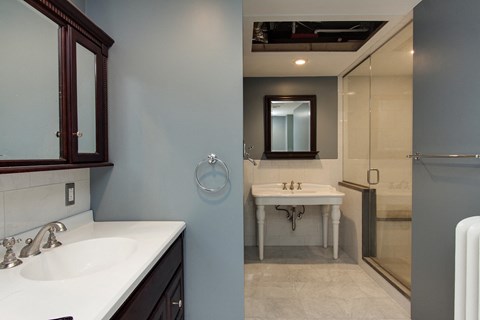 a bathroom with a sink and a shower and a mirror