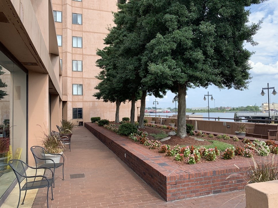 a courtyard with benches and trees in front of a building