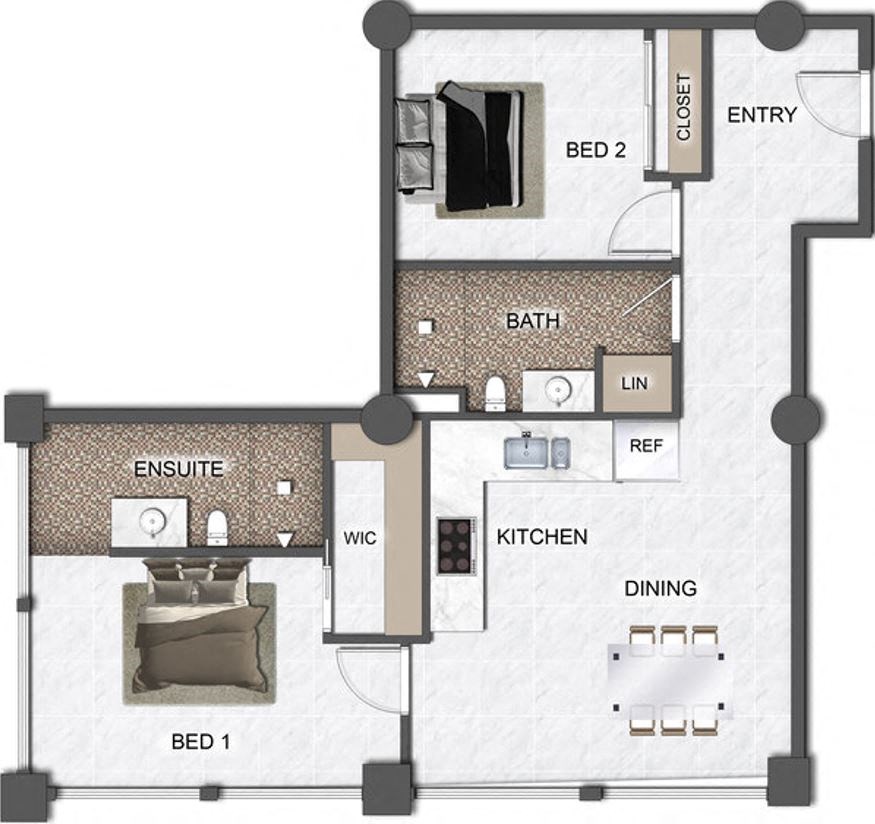 A floor plan of a small apartment with two bedrooms, a kitchen, a bathroom, and a dining area.