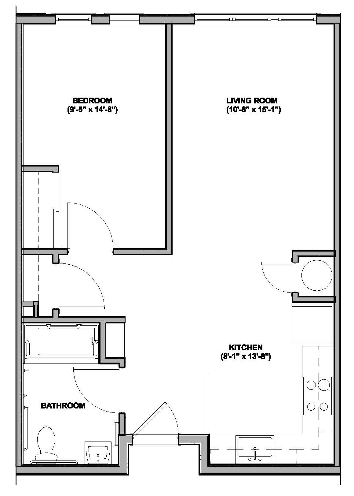 1x1B Floor Plan 2
