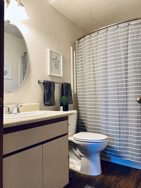 a bathroom with a toilet and a sink and a shower