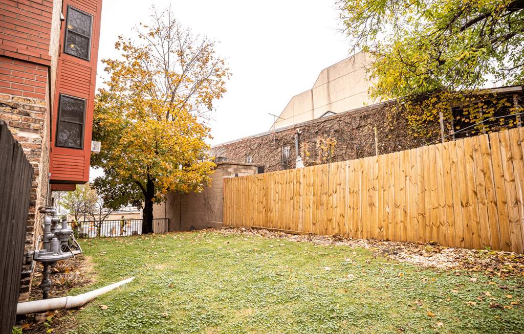 A backyard with a wooden fence and a tree with yellow leaves.