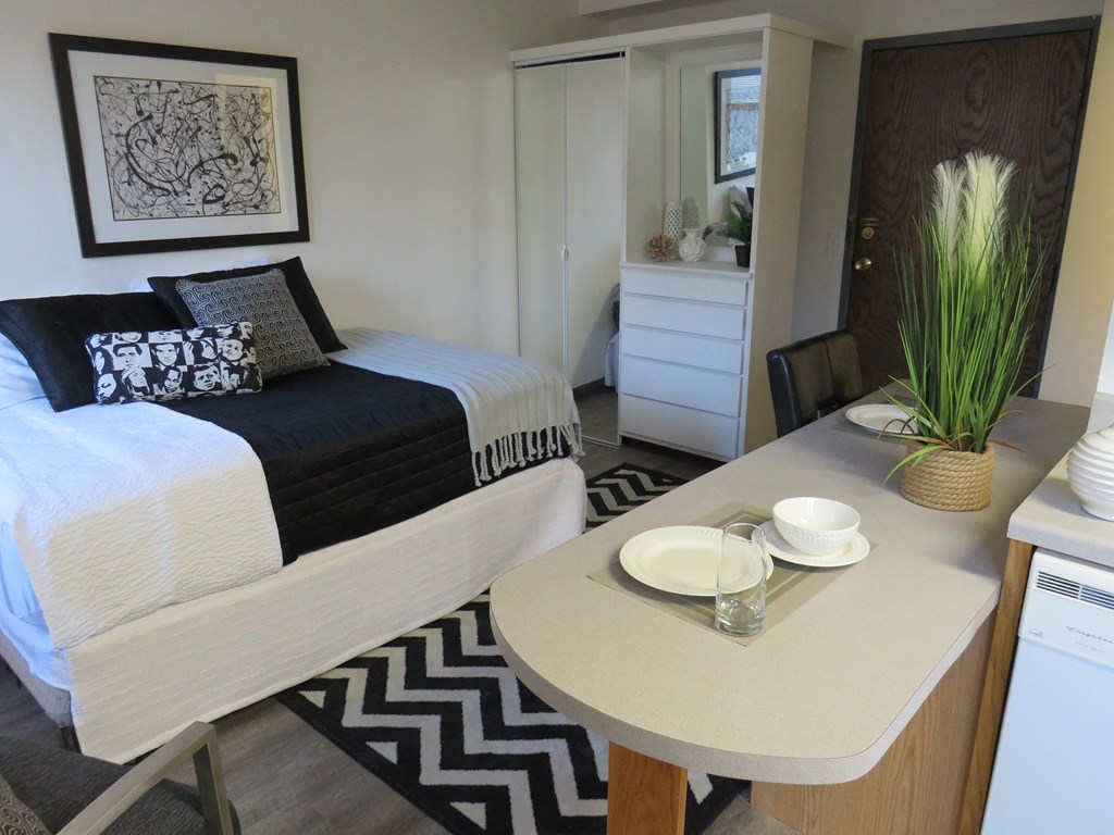 an example of a studio apartment with a bed and a dining table