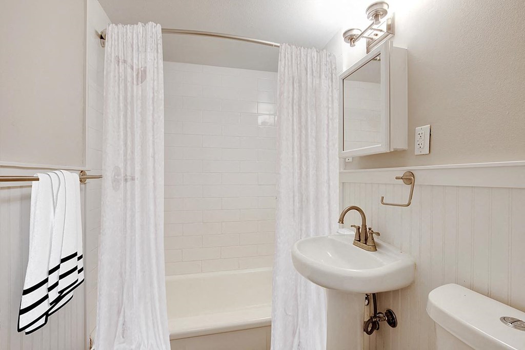 a bathroom with a shower curtain and a sink