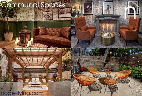 A collage of images showcasing different communal spaces.