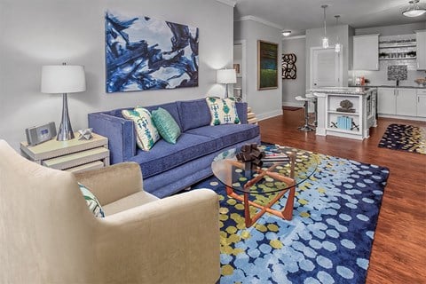 a living room with a blue couch and a rug