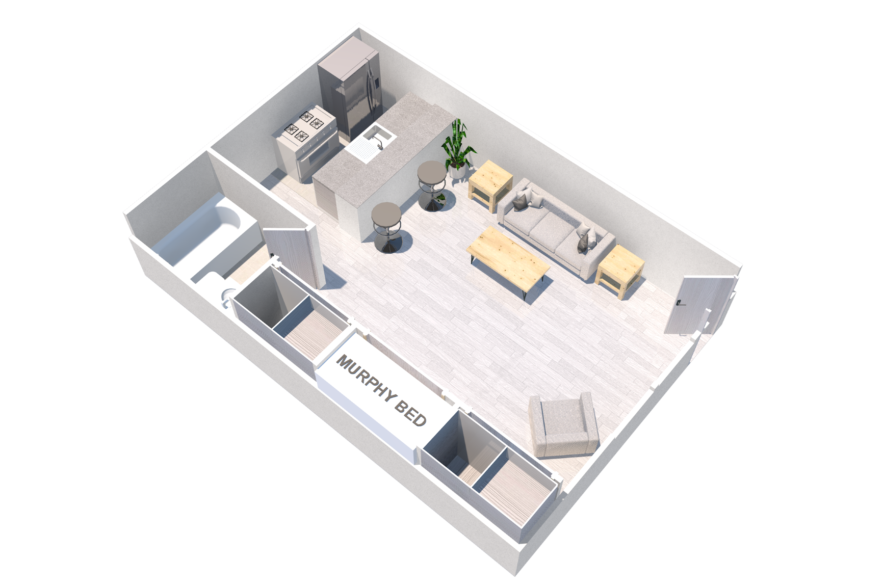 Spacious and upgraded studio apartment in North Hollywood at the Vista Pointe II. The furnished studio comes with a murphy bed, sofa set, coffee tables, and bar stools.