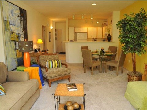 a living room with a couch and a table