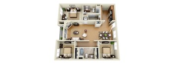 The Sunset Plus Loft 3 Bedroom 2 Bath 3D Floor Plan at The Verandas, Canoga Park, California