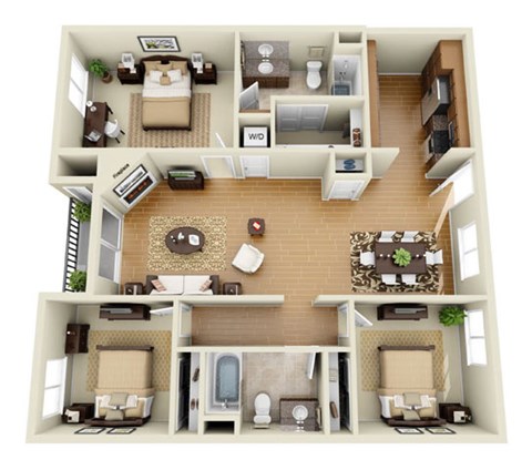 The Sunset Plus Loft 3 Bedroom 2 Bath 3D Floor Plan at The Verandas, Canoga Park, California