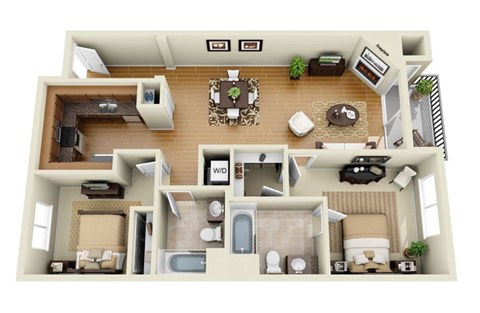 The Wilshire Plus Loft 2 Bedroom 2 Bath 3D Floor Plan at The Verandas, California
