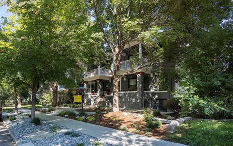a house with trees and a sidewalk in front of it