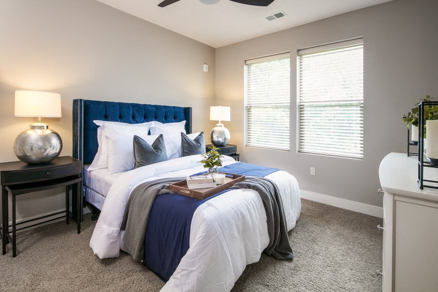 an example of a bedroom with a bed and two windows