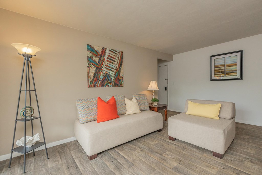 a living room with two couches and a painting on the wall