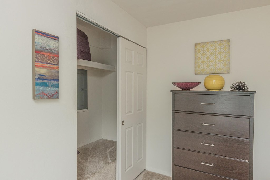 a closet with a white door and a dresser with a yellow vase