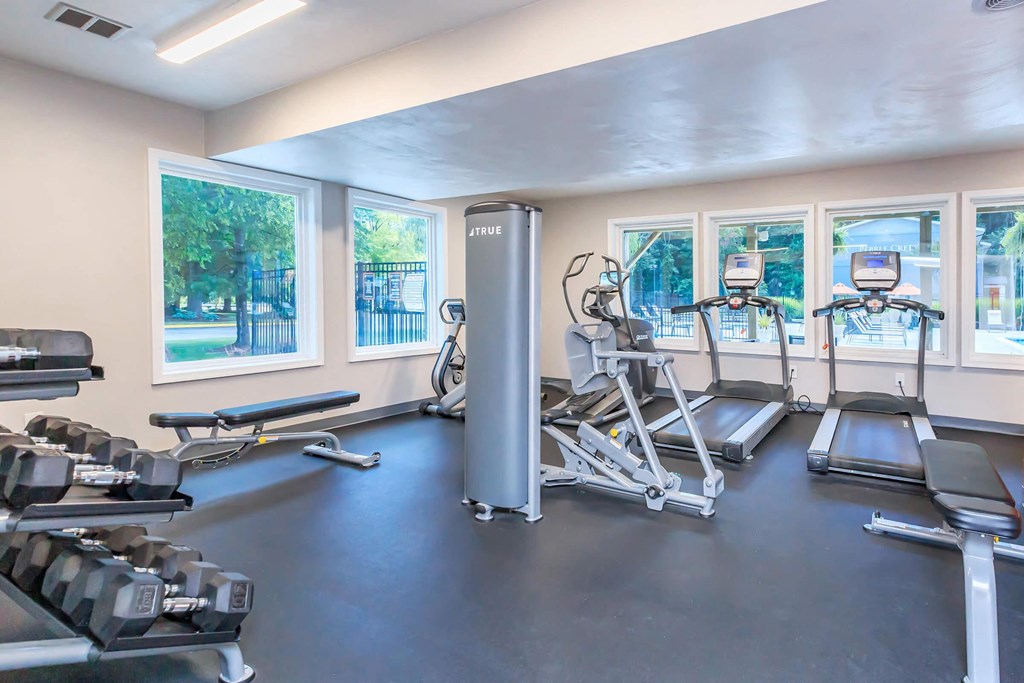 furnished gym with cardio equipment and windows at the district at highland village apartments