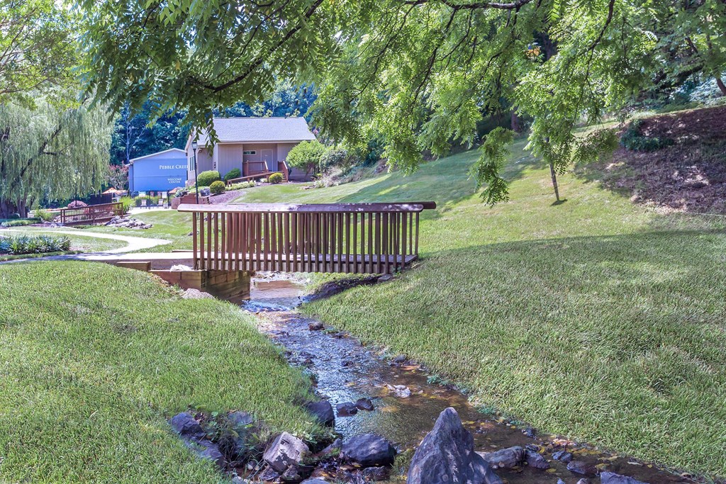 a creek running through a park with a wooden bridge