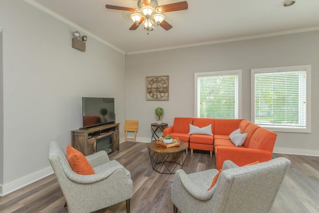a living room with a couch and chairs and a tv