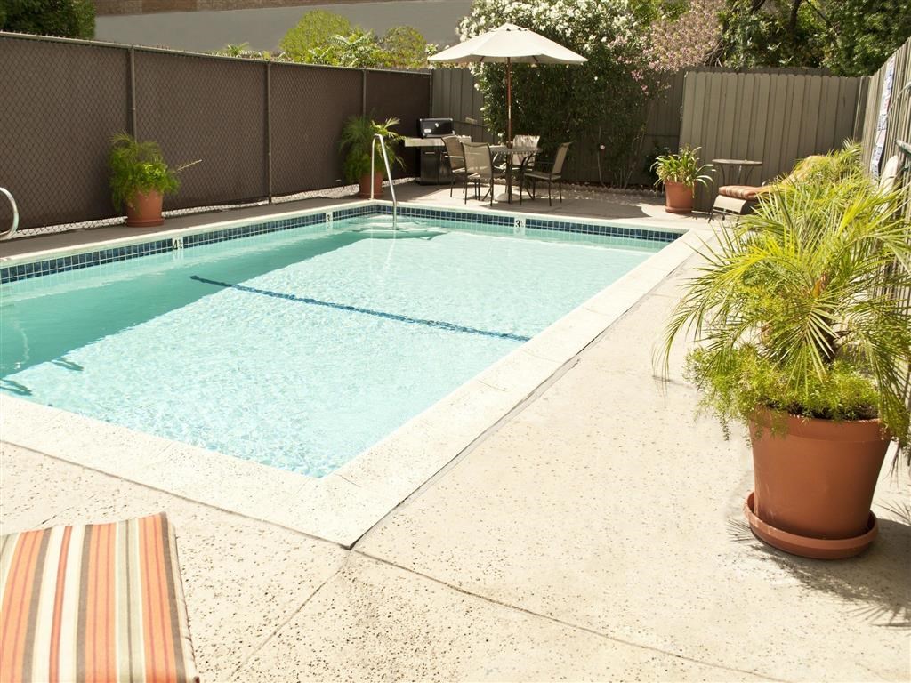 the pool is surrounded by potted plants and a fence