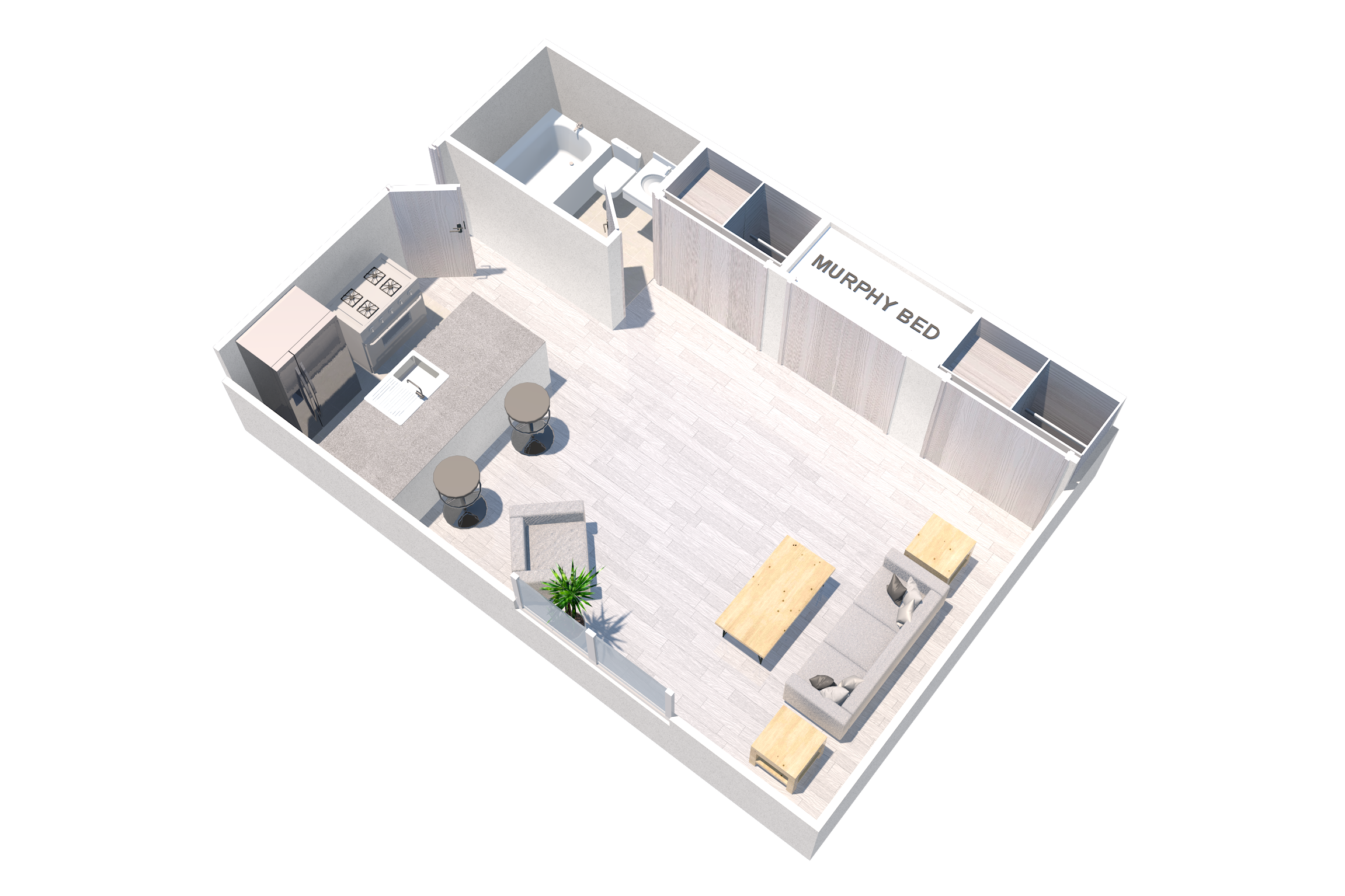 Studio apartment floor plan at the Newporter apartments in Tarzana, CA. The floor plan offers ample room for sofa and a coffee table. The unit also comes with ample storage space and a murphy bed