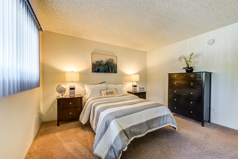 a bedroom with a bed and a dresser and a window
