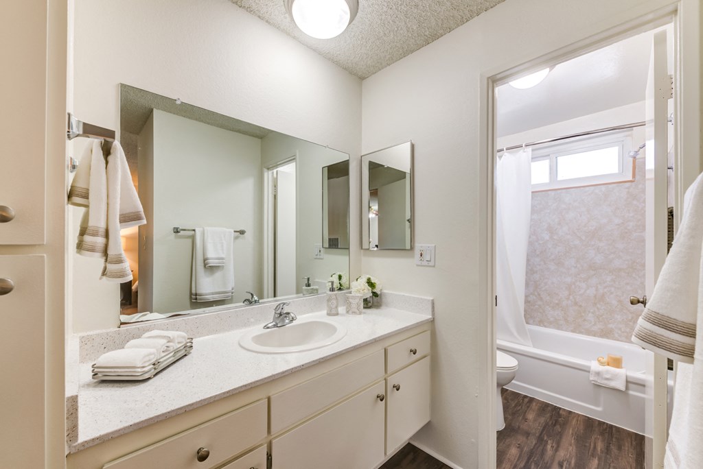 the preserve at ballantyne commons apartment bathroom with sink and mirror