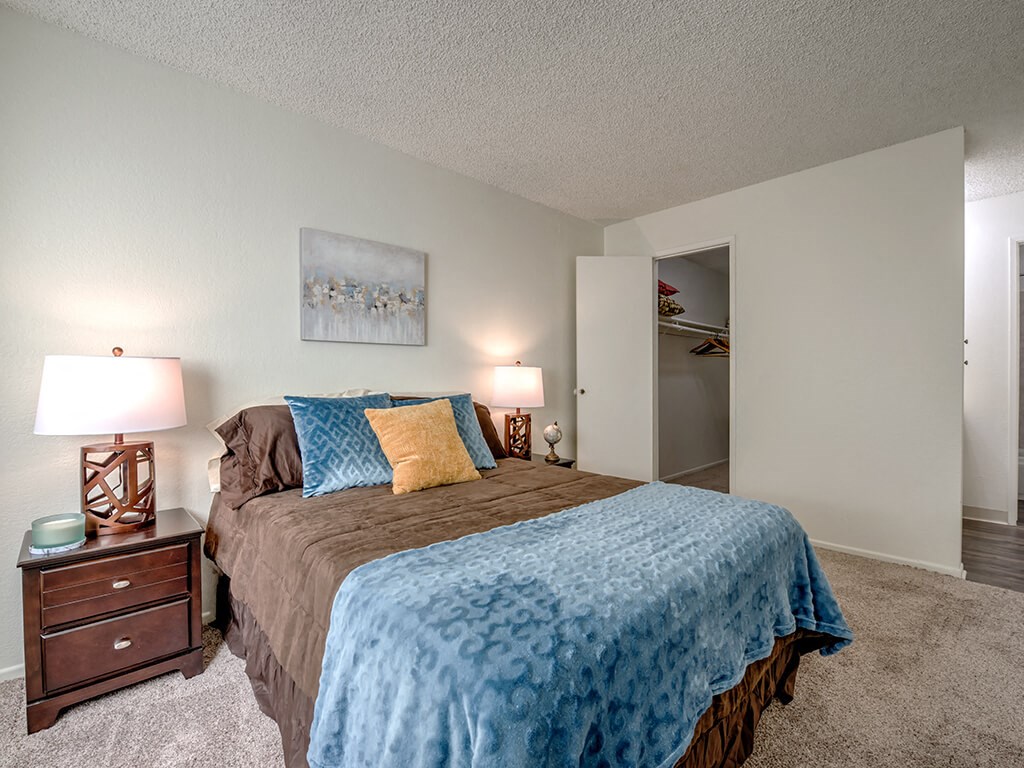 a bedroom with a bed and a closet