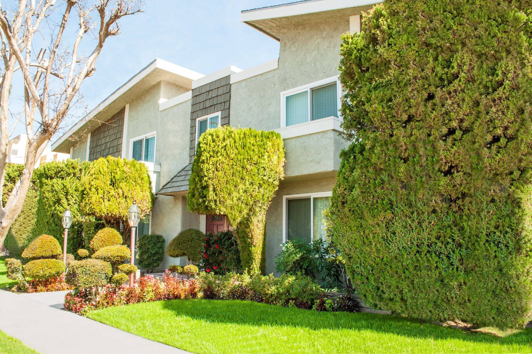a house with a lawn and a sidewalk in front of it