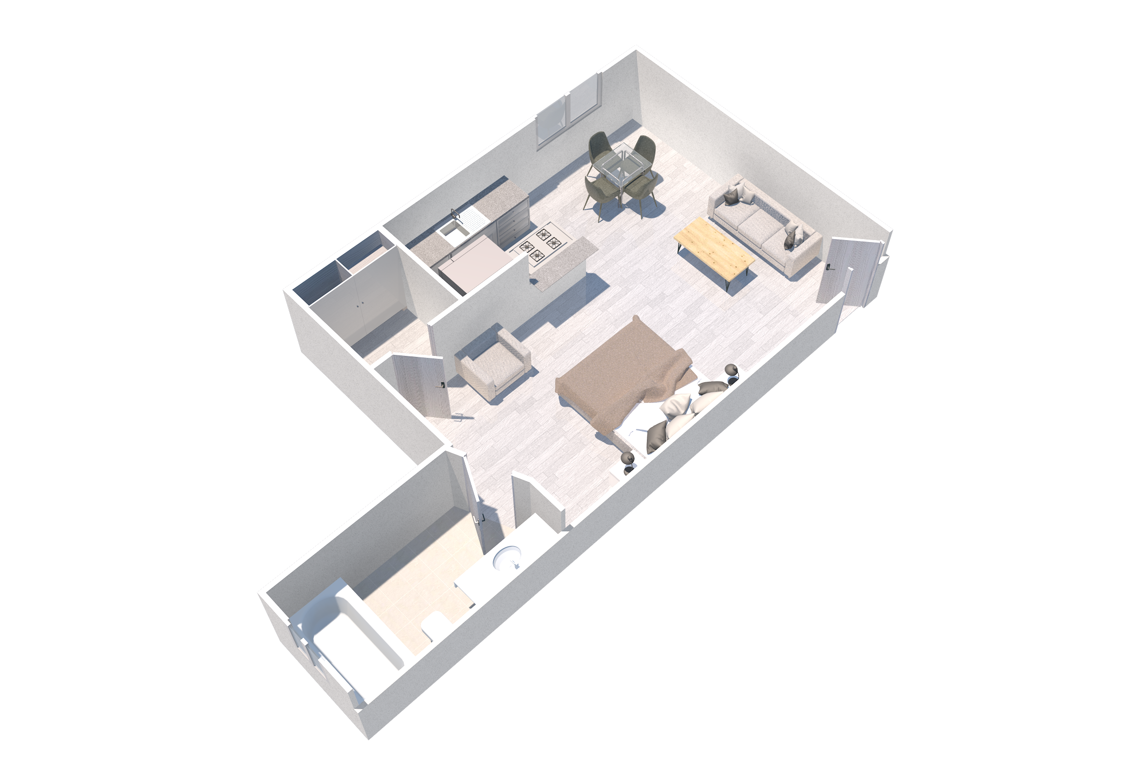 Spacious and upgraded studio apartment with a walk-in closet at the Windsor Apartment in Sherman Oaks, CA
