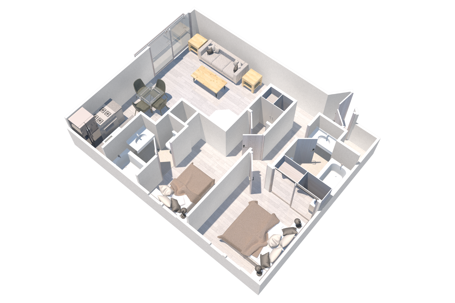 Two bedroom two bath apartment in Northridge, CA at the Ridgeview Apartments. The specious and modern apartment comes with ample storage, and a balcony.