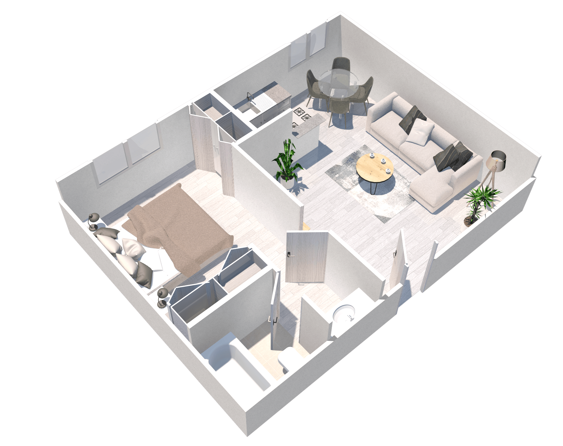 Overhead 3D rendering of a furnished one-bedroom apartment with an open-concept kitchen/living/dining area, a separate bedroom, and a bathroom/closet accessible from a hallway.