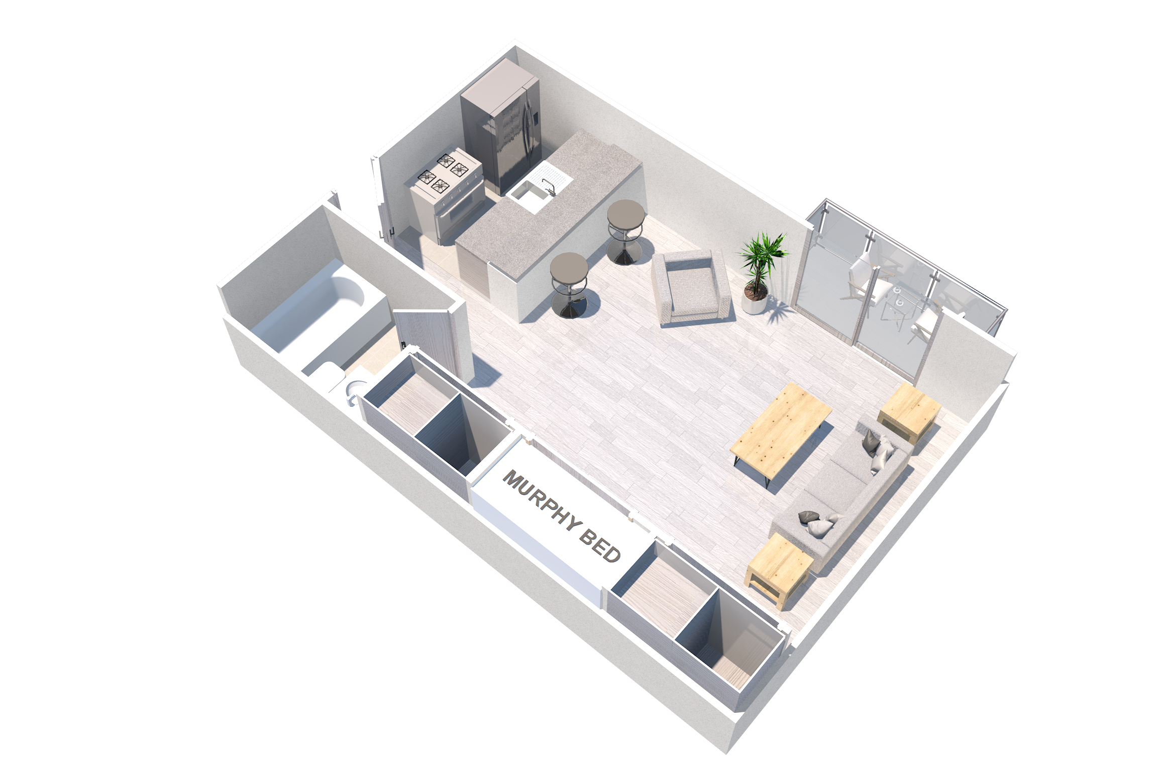 Furnished studio apartment in Tarzana, CA at the Terrace Apartments. Spacious studio comes with a built-in murphy bed, ample storage, and a balcony