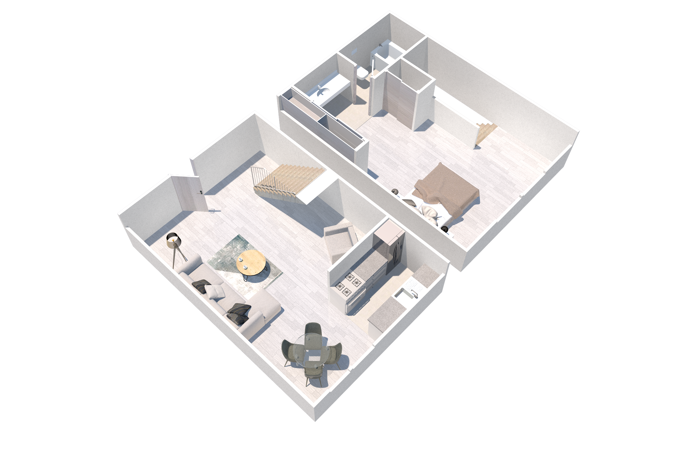 Overhead 3D rendering of a one-bedroom townhome floor plan at the Terrace apartments in Tarzana, showing a living area, kitchen, and dining downstairs, and a bedroom and bathroom upstairs.