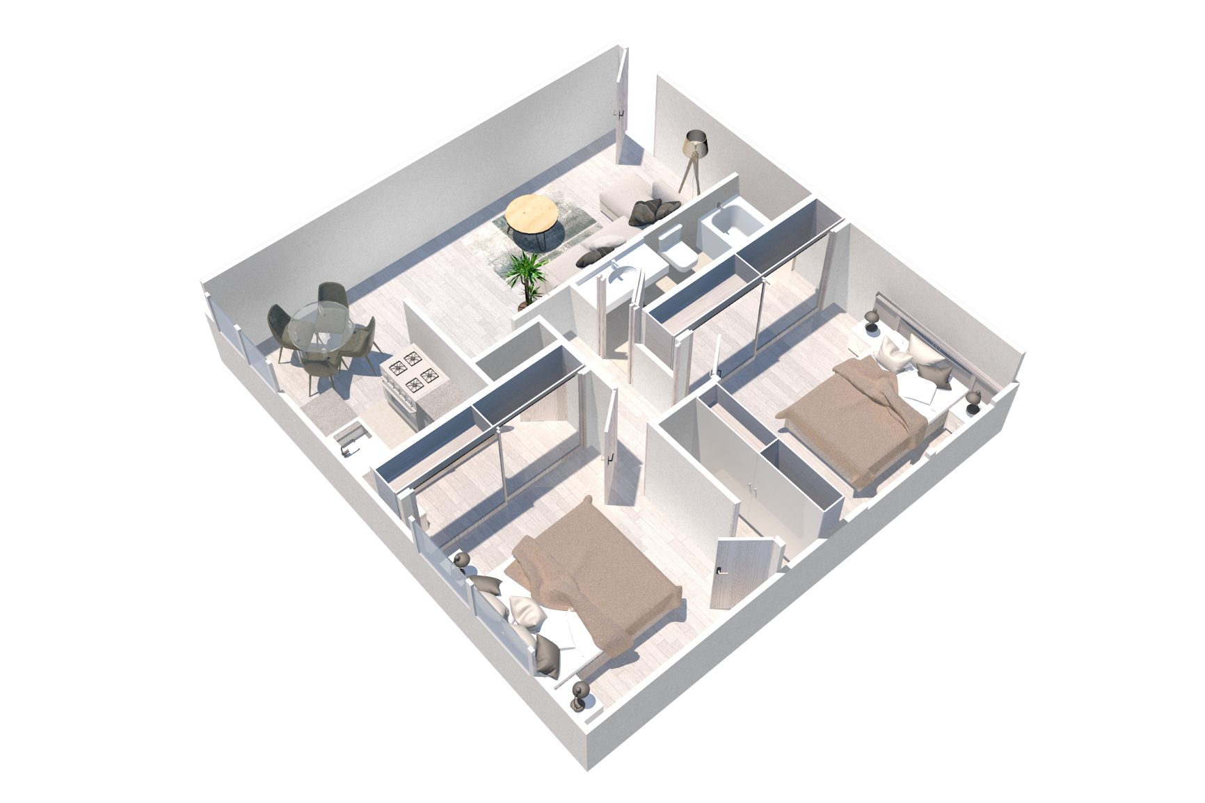 Two bedroom one bath apartment floor plan in Van Nuys, CA at the Crossroads apartments. Spacious two bedroom comes with ample storage and natural light.