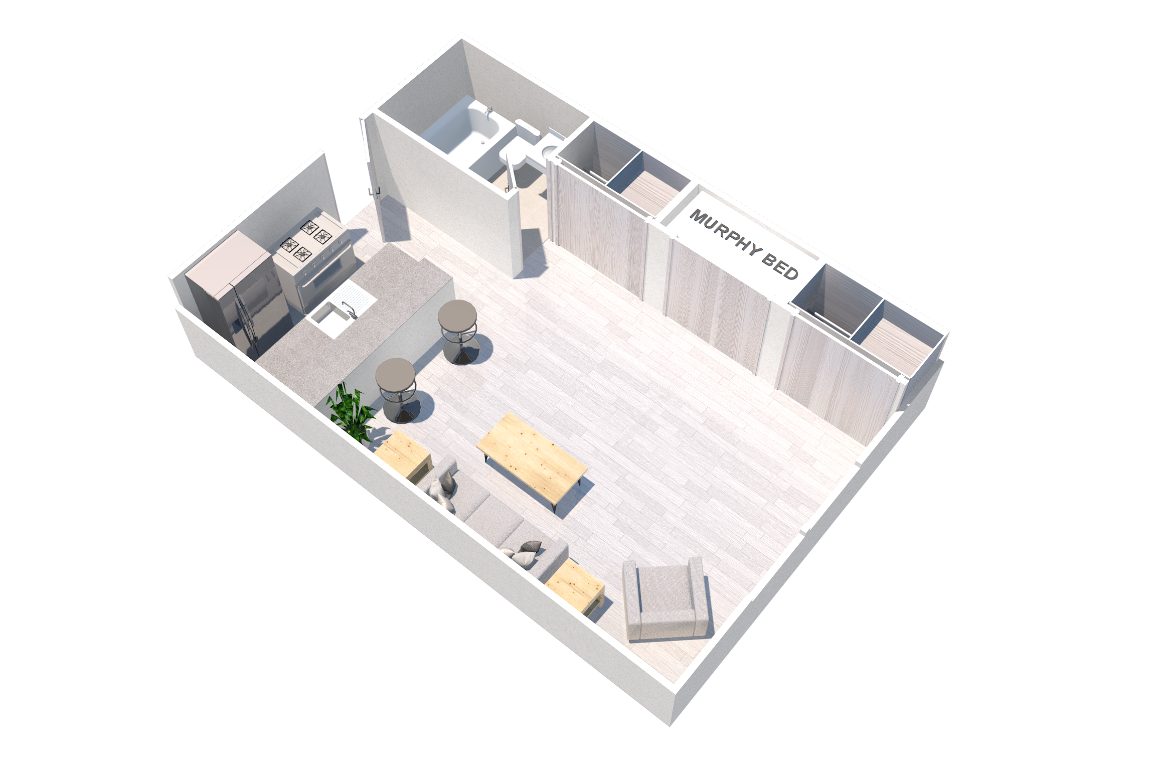 Studio apartment in Van Nuys, CA at the Esplanade Apartments. Spacious and upgraded furnished apartment with a built-in murphy bed.