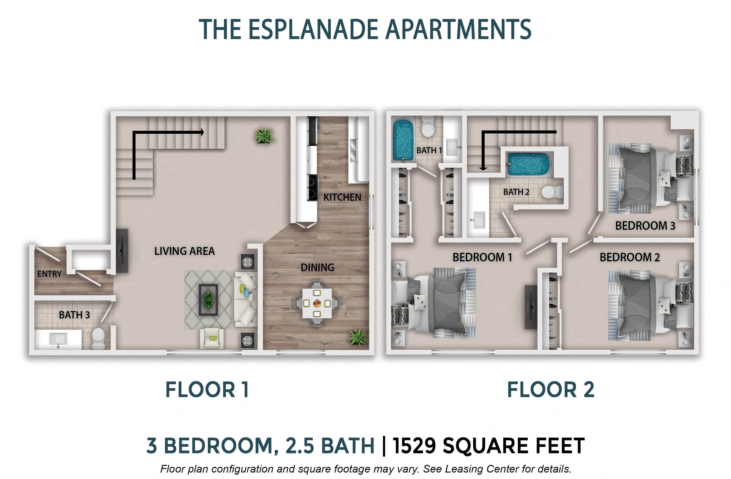 3 bedroom spacious floor plan at the esplanade apartments in lake Balboa