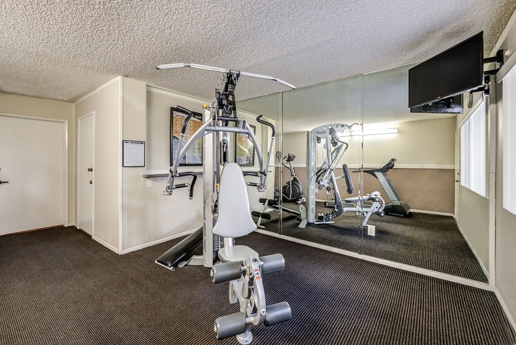 a gym with exercise equipment and a tv on the wall