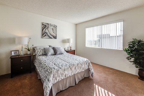 a bedroom with a bed and a window