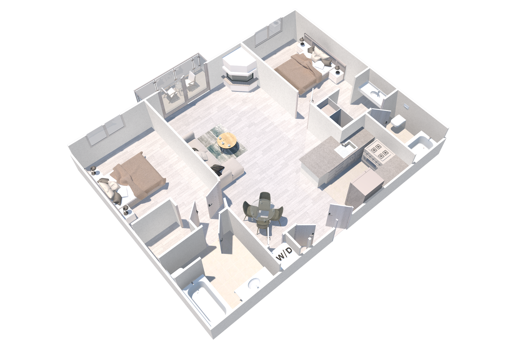 Two-bedroom two bath apartment in Northridge, CA at the Villagio Apartments. The specious and modern apartment comes with a balcony and washer and dryer in select units.