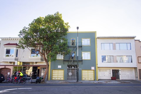 A tree in front of a building with a yellow gate.