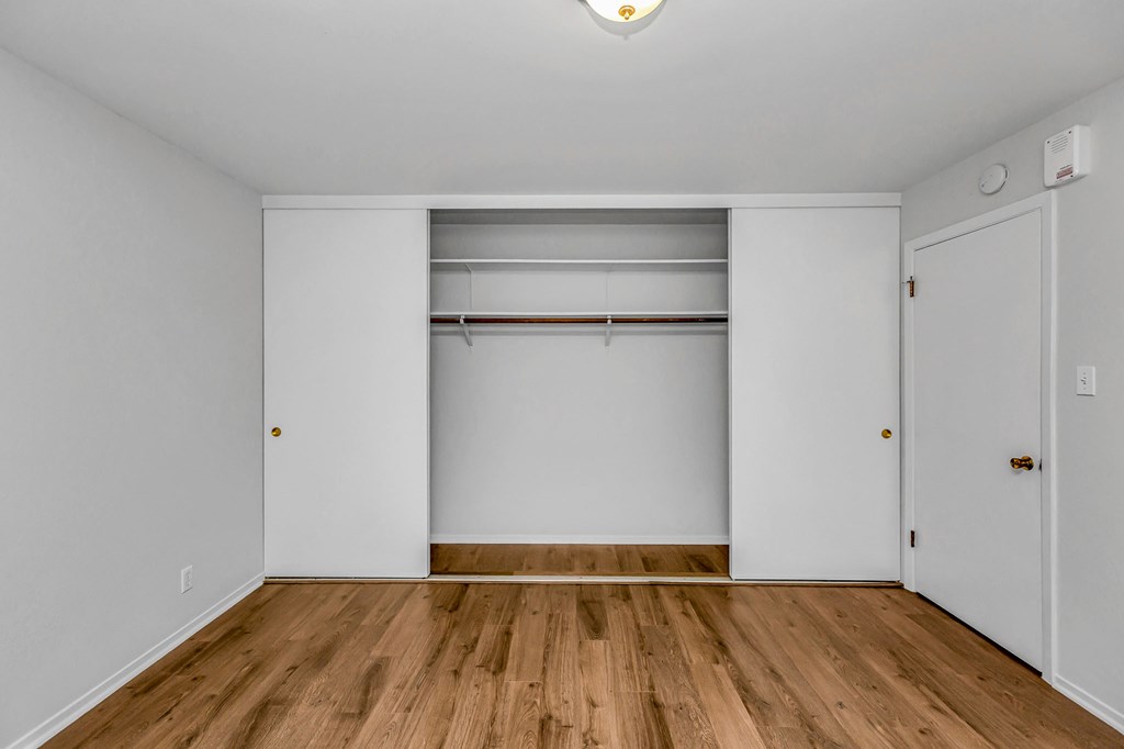 A white closet with a wooden floor and a white door.